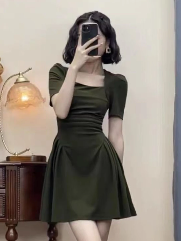 Mini robe à manches bouffantes pour femmes, plis solides, conception d'été, tendre, style 03 coréen,
