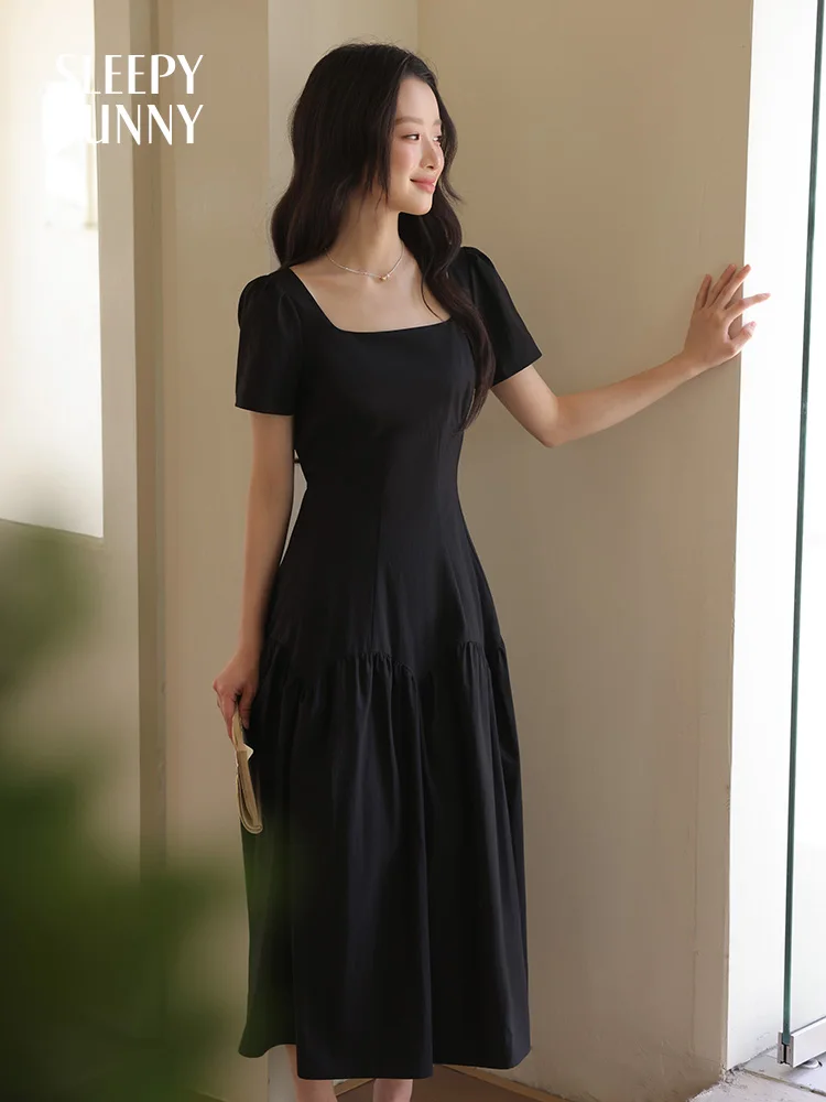 Robe longue française à manches courtes et col carré pour femmes, coupe cintrée, ligne a, Petite tai