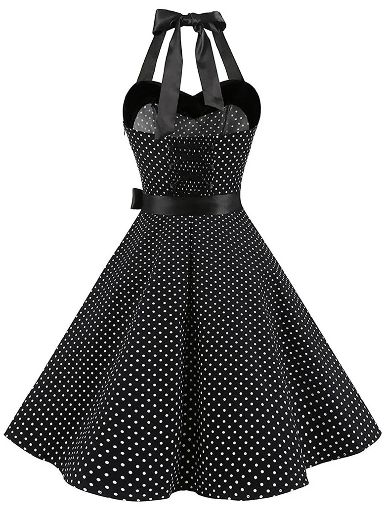Femmes à pois imprimé Robe d'été Sexy rétro blanc licou Robe Vintage Robe Femme Pin Up Rockabilly Ro