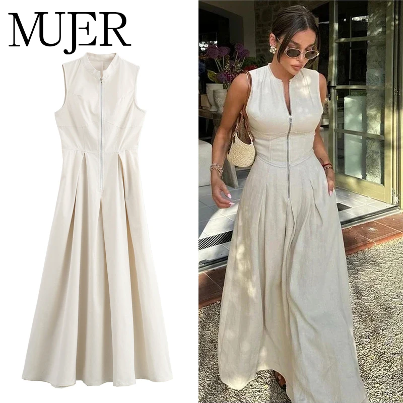 MUJER 2025 robes longues drapées pour femmes fermeture éclair sans manches robe Maxi femme vacances 