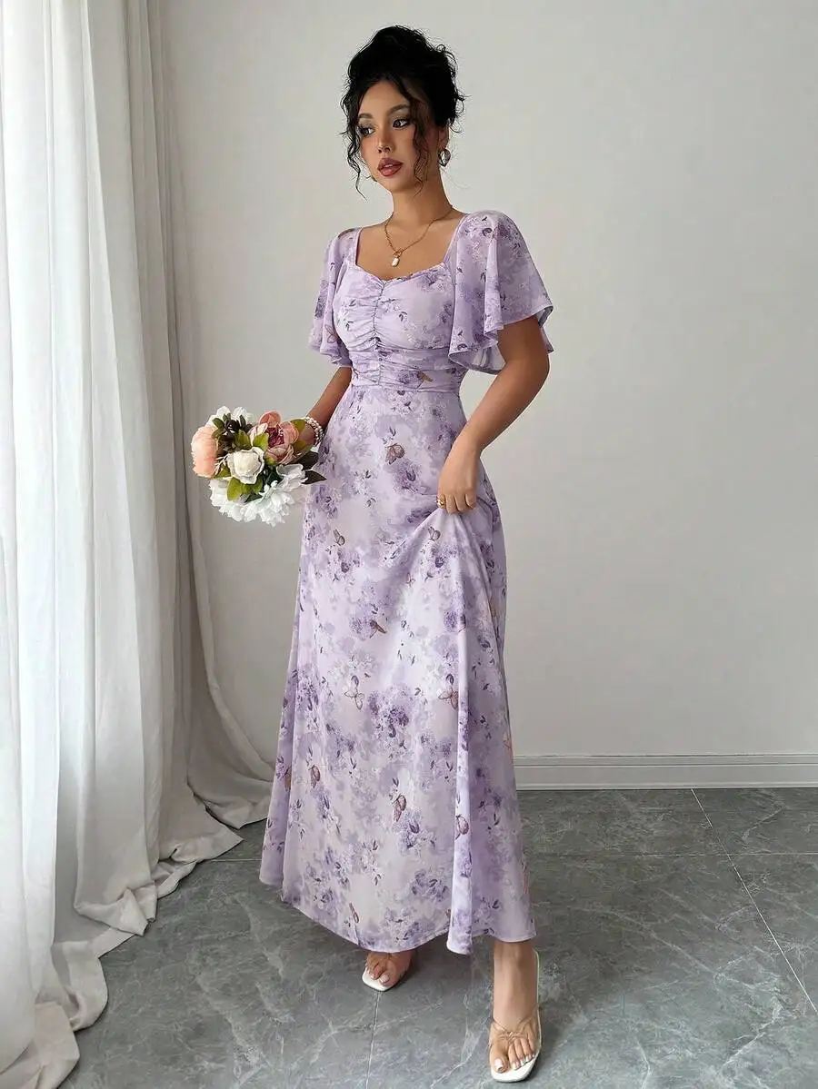 Mini robe de style français pour femmes, avec imprimé papillon violet, manches chauve-souris et ferm