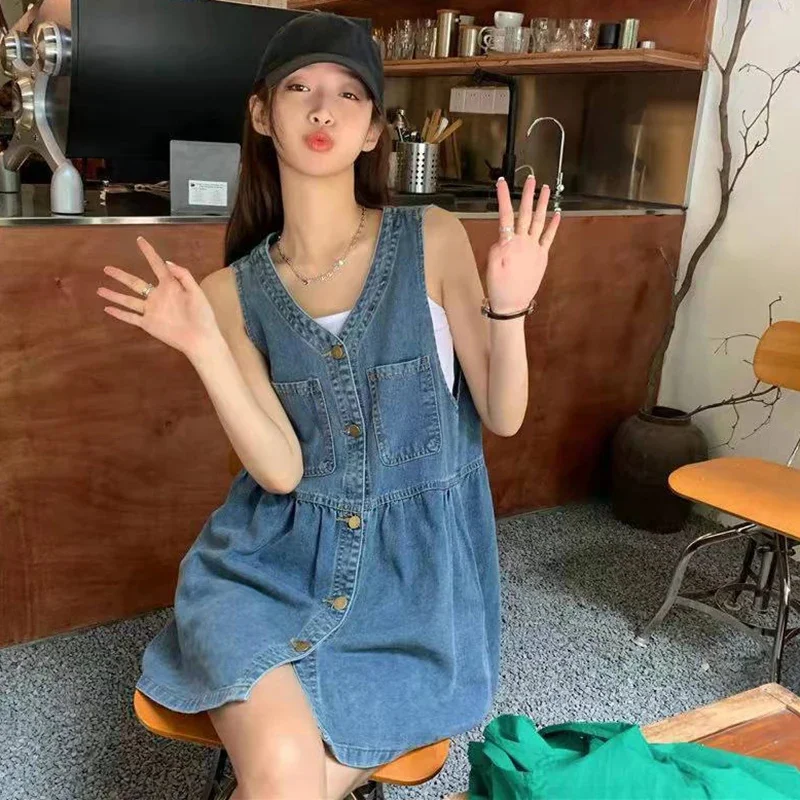 Robe d'été sans manches à bretelles pour femme, style coréen, en jean, coupe ample, mini-robe trapèz