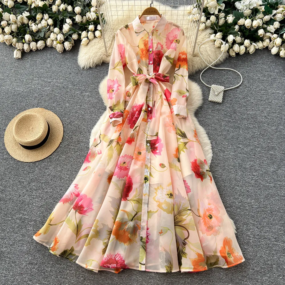Robe longue élégante à imprimé vacances à la française pour femme, coupe ajustée, manches longues, c