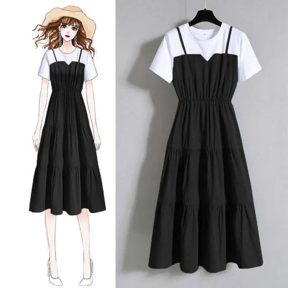 Fausse robe deux pièces à bretelles pour femmes, manches courtes, robe serrée à la taille, mode, été