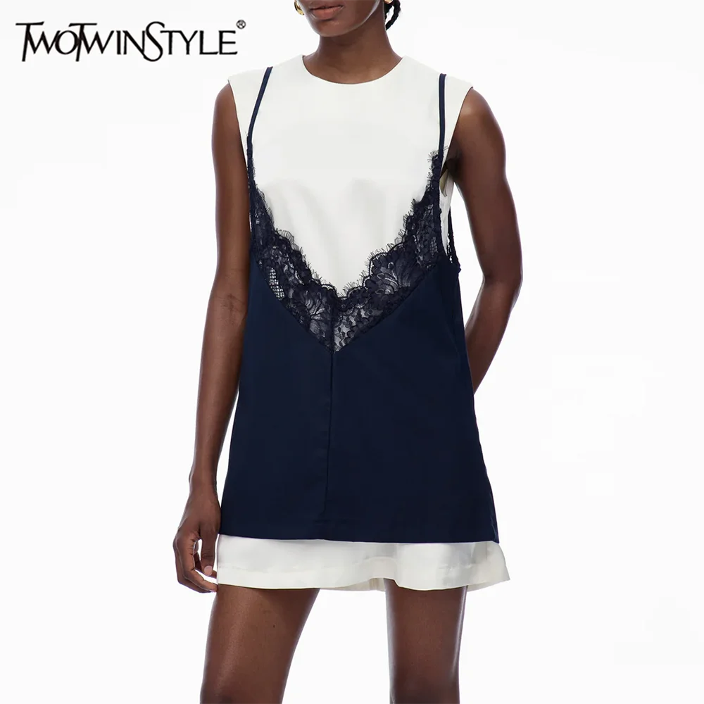 TWOTWINSTYLE Hit couleur épissé dentelle robes décontractées pour les femmes col rond sans manches b