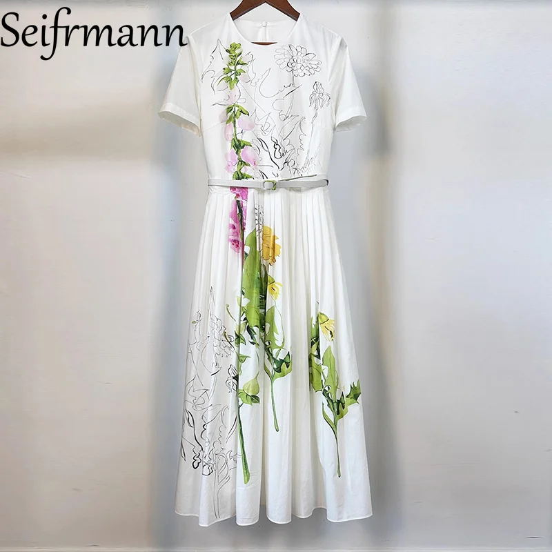 Seifrmann – robe en popeline imprimée fond blanc, col rond, manches courtes, taille cintrée, jupe lo