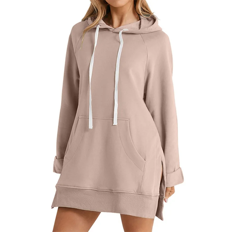 Robe à capuche pour femmes, ourlet fendu, cordon de serrage, ample avec grande poche, pull à capuche