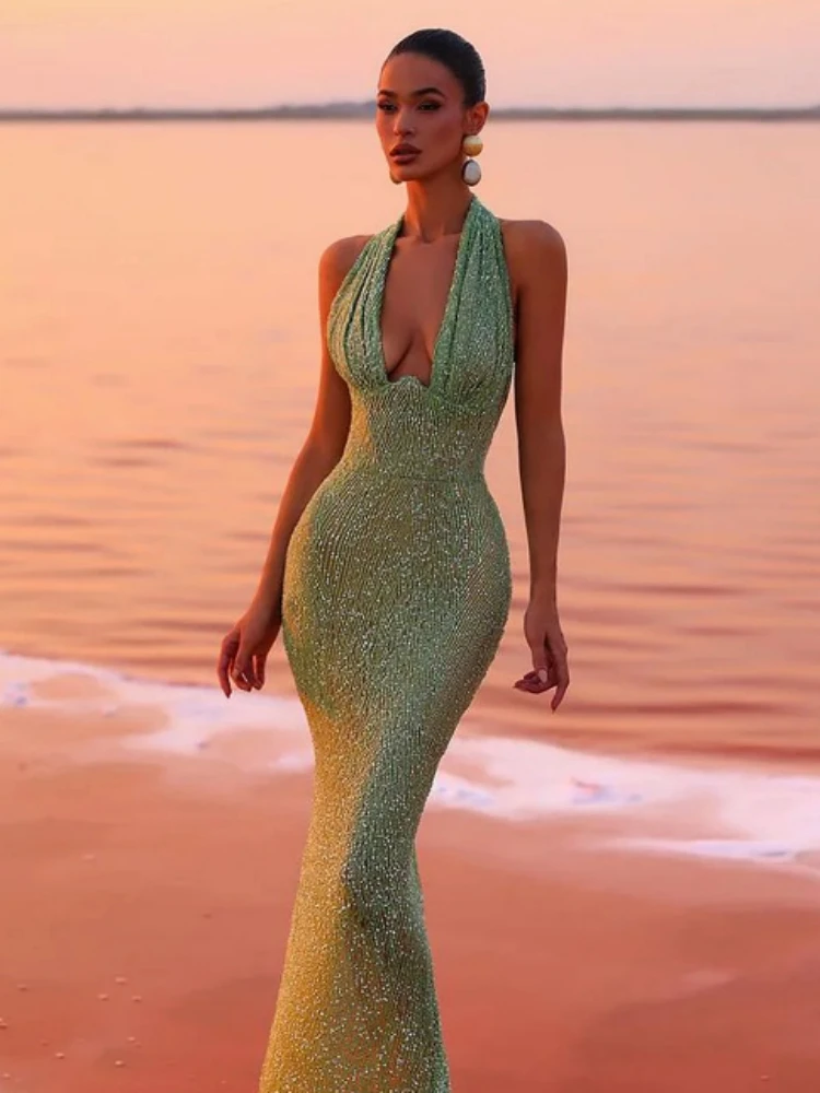 Robe longue à paillettes pour femmes, Sexy, col en V profond, col licou, vert, sans manches, dos nu,