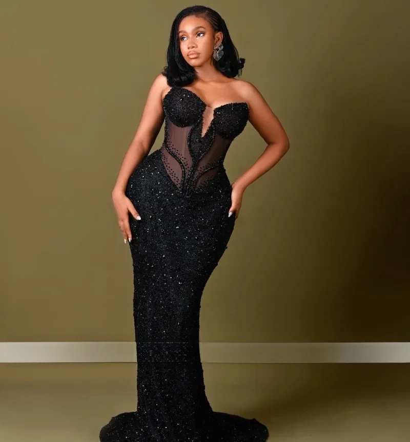 Robe de soirée noire pour femme 2026, style sirène simple, ornée de paillettes et de perles, élégant