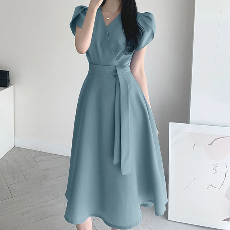 ZANZEA Robe midi élégante pour femme, col en V, manches courtes à volants, taille nouée, coupe trapè