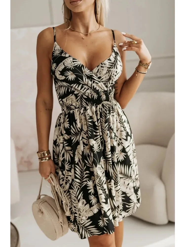 Robe d'été plissée ronde pour femmes, nouvelle mode, imprimé floral, sexy, bretelles spaghetti, robe