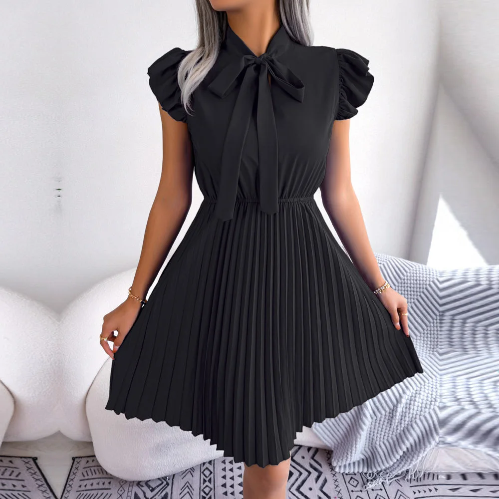 Ficusrong femmes printemps été élégant à lacets taille haute grande robe plissée pour dames col à nœ