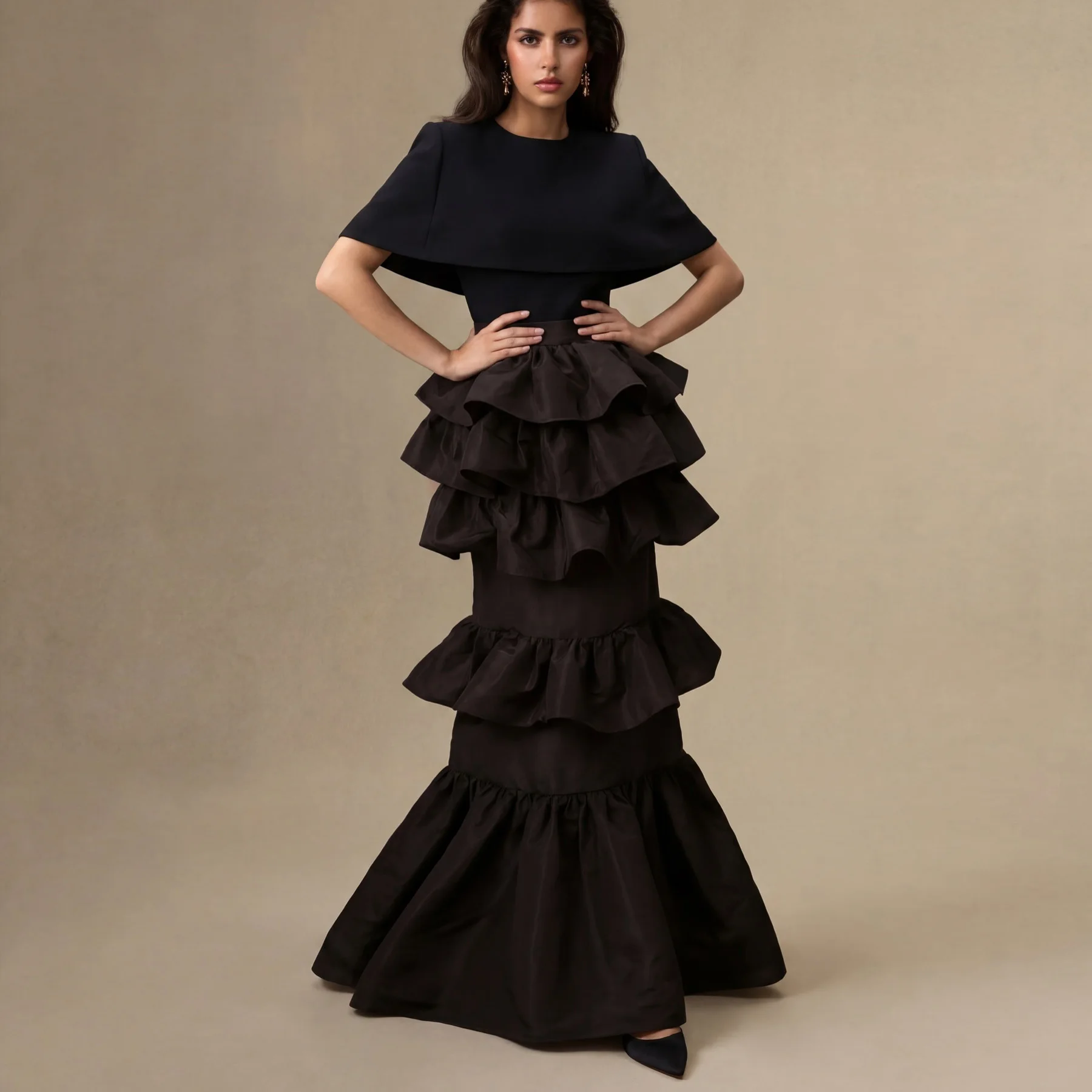 Nouvelle Arrivée Jupe Sirène Noire à Volants Superposés pour Femme Taille Haute 2026 Jupe Longue For