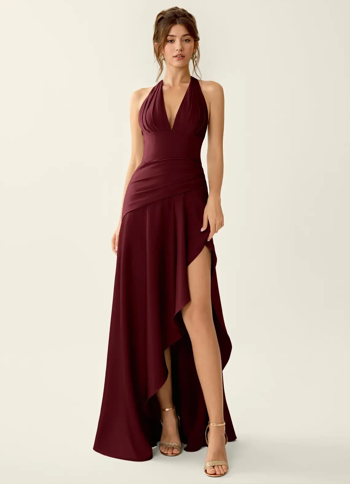 Robe de soirée sirène élégante Snvdzo, col halter en V profond, en satin froncé, avec fente haute, p