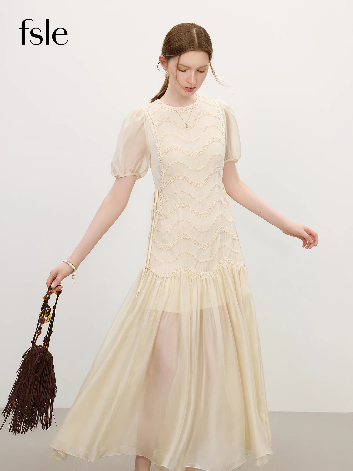 FSLE 2025 été femmes maille broderie robe évider épissage bulle manches taille cravate Y2K à la mode