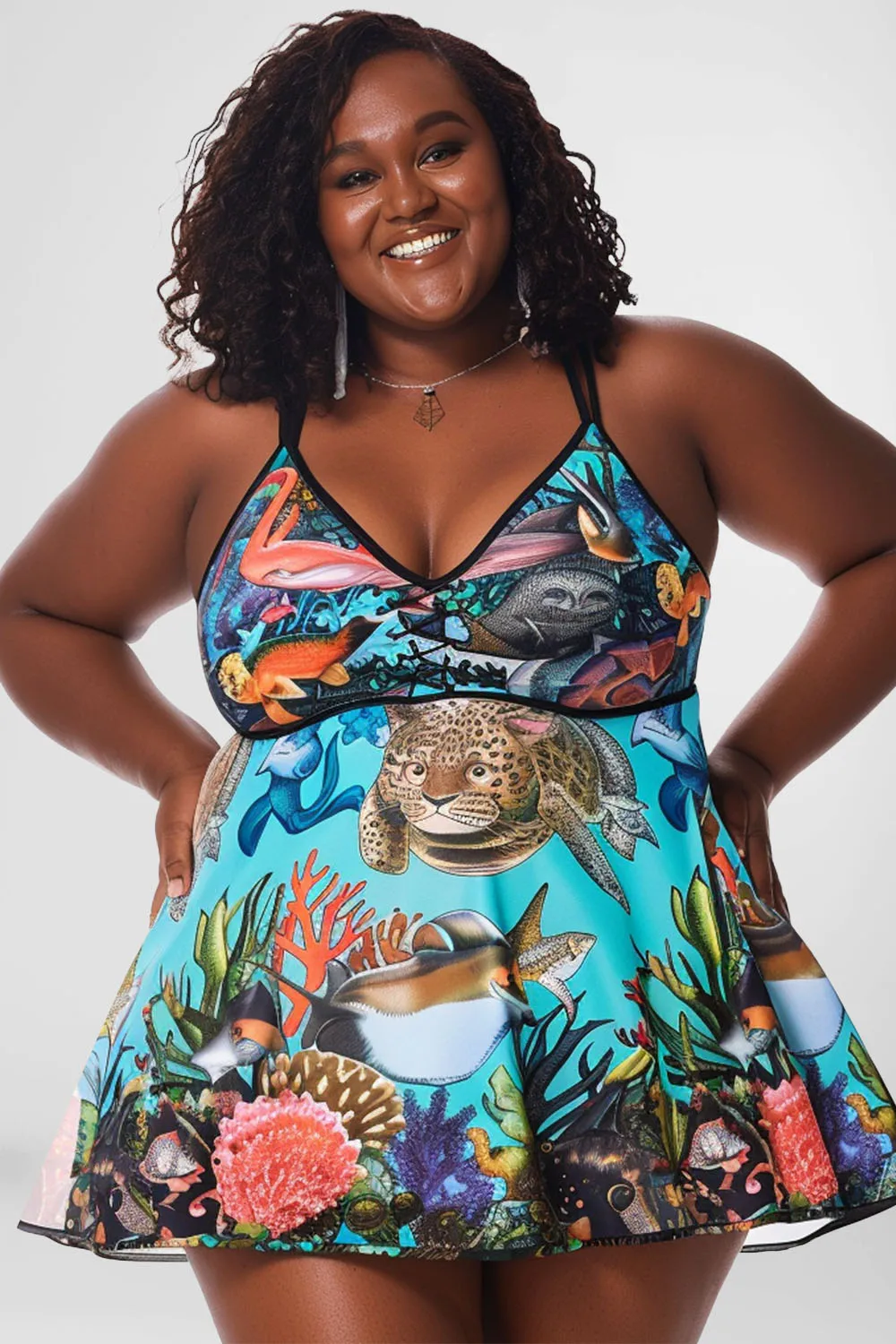Flycurvy-Robe de bain à col en V pour les vacances, imprimé marin bleu, grande taille