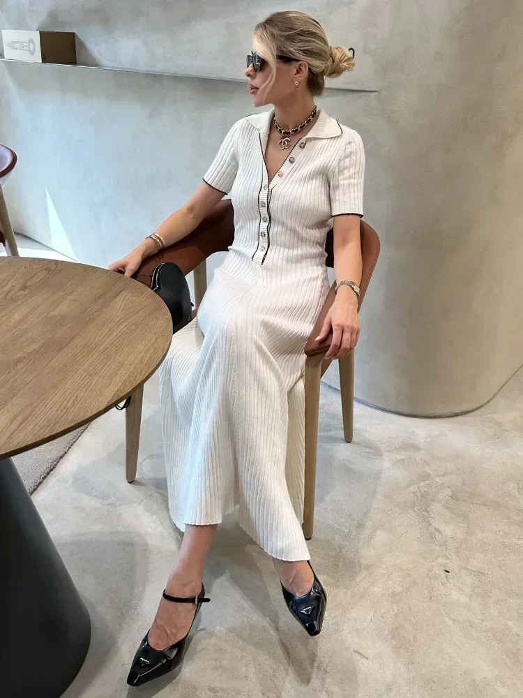 Tossy blanc tricot mode robe Maxi pour les femmes à manches courtes Patchwork robe de soirée élégant