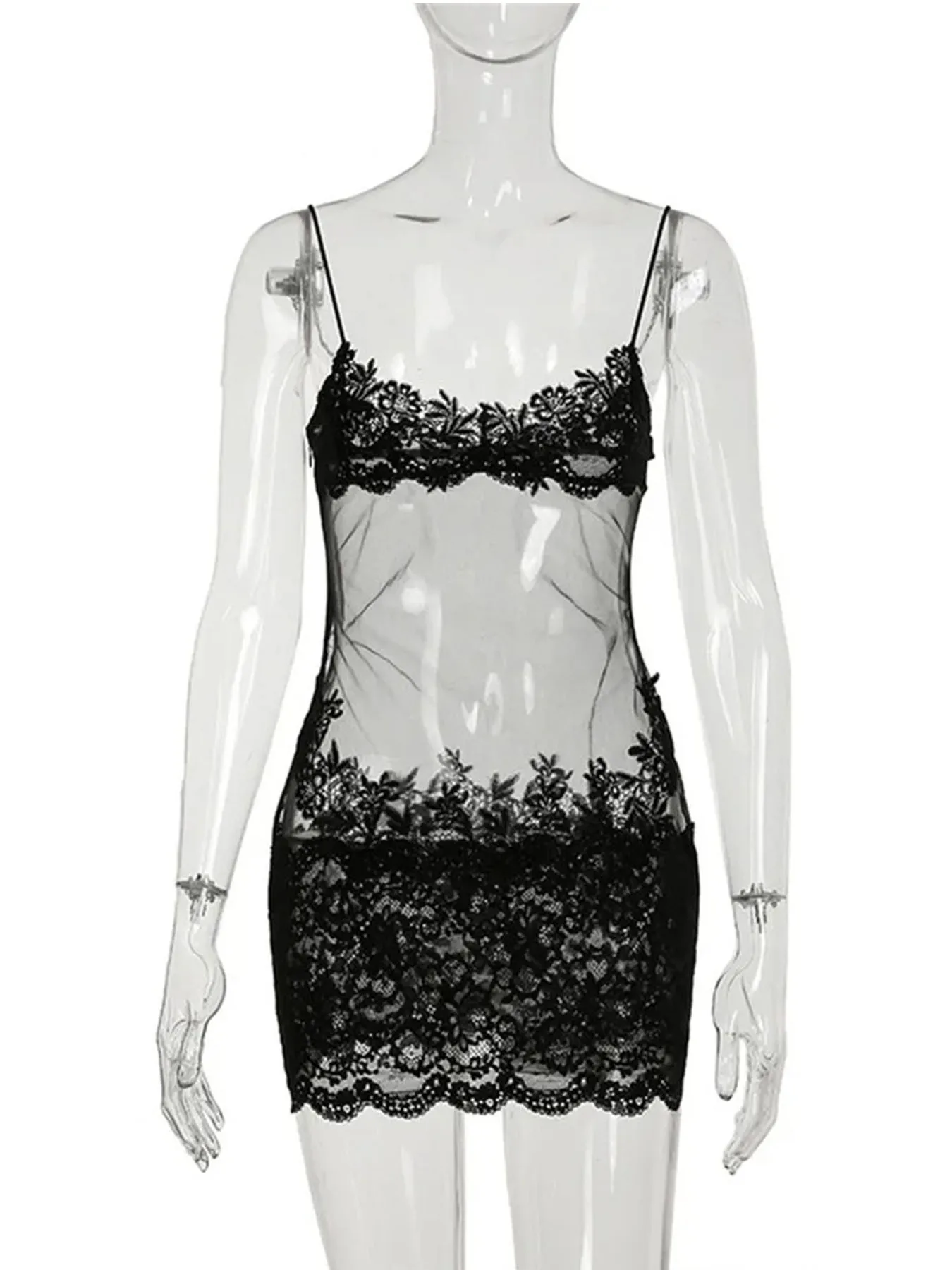 Mini robe transparente en dentelle pour femmes, Sexy, enveloppant, Spaghetti, broderie de fleurs, ga