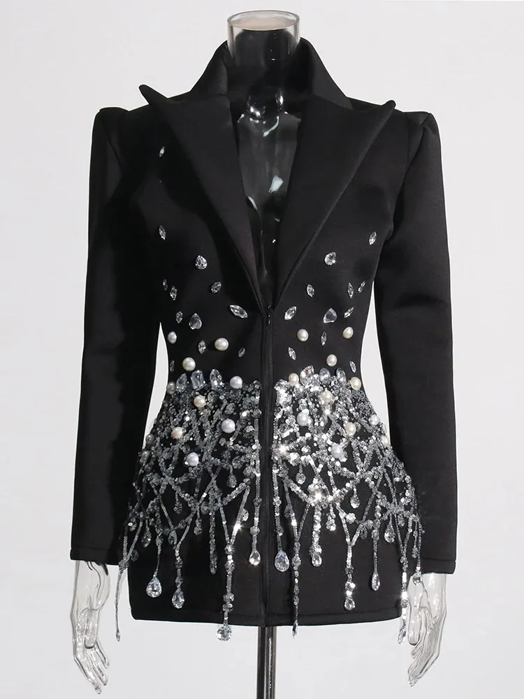 DEUX TWINSTYLE Patchwork Paillettes Tempérament Robe Pour Les Femmes Revers À Manches Longues Taille