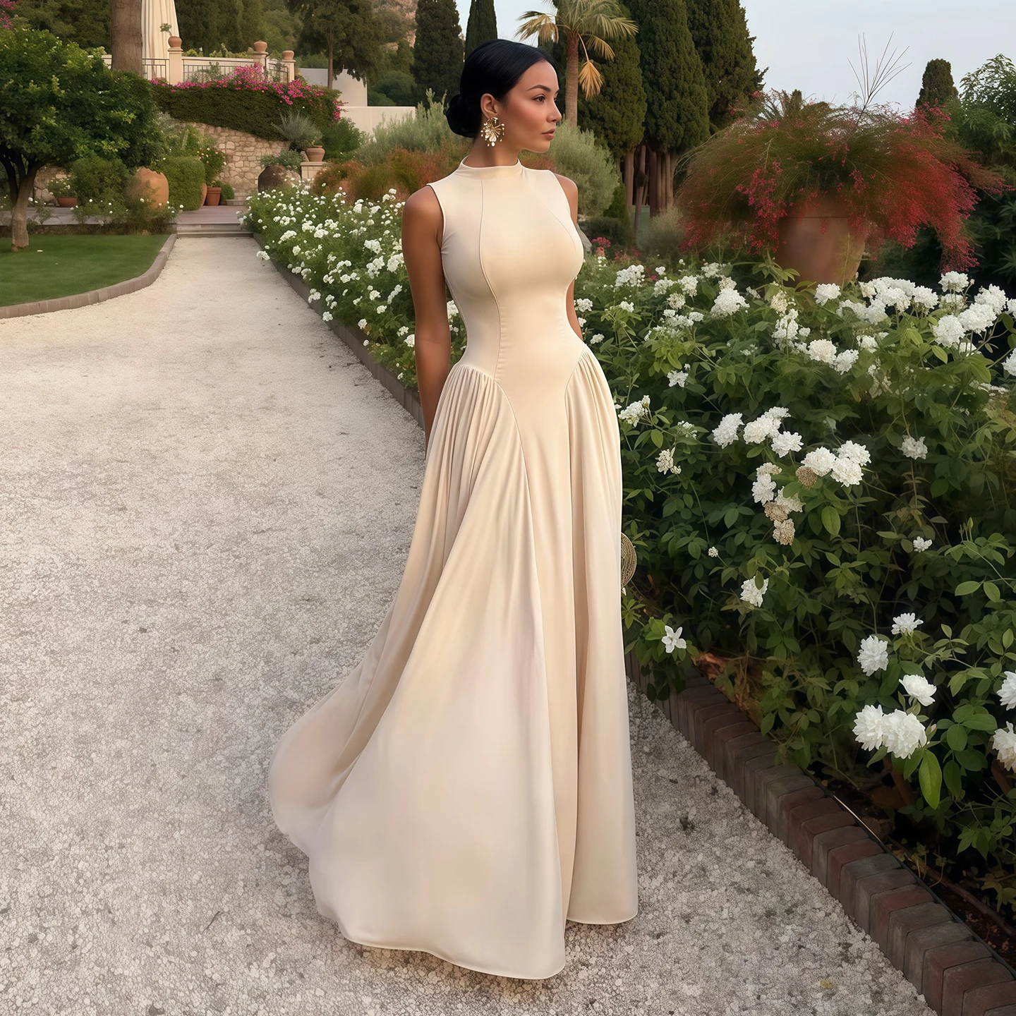Robe de soirée élégante beige Sharon Said 2026 sans manches, taille plissée, coupe évasée fluide, si