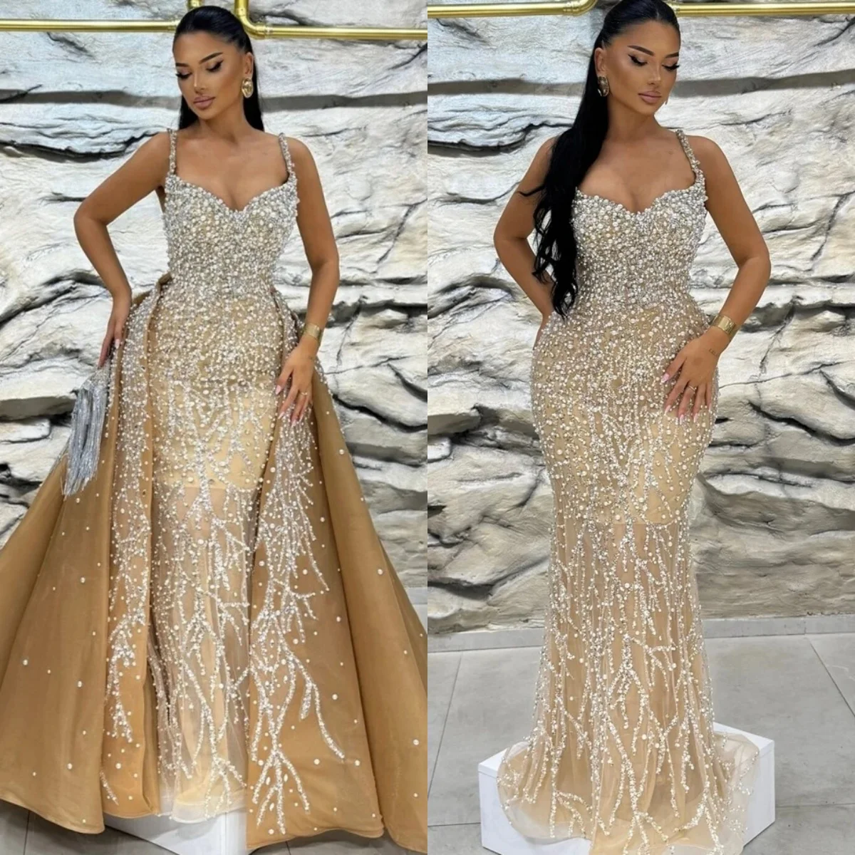 Robes de mariée sirène glamour avec perles et paillettes, bretelles spaghetti, poignées sur mesure,