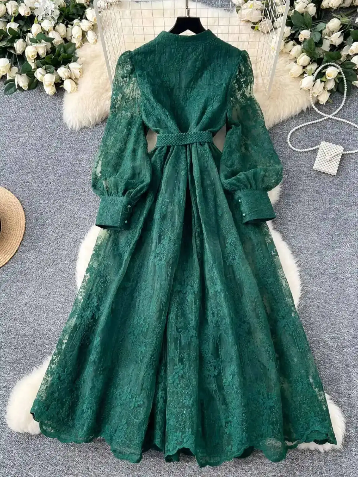 Robes formelles brodées de luxe pour femmes, lanterne d'été et d'automne, manches longues, dentelle,