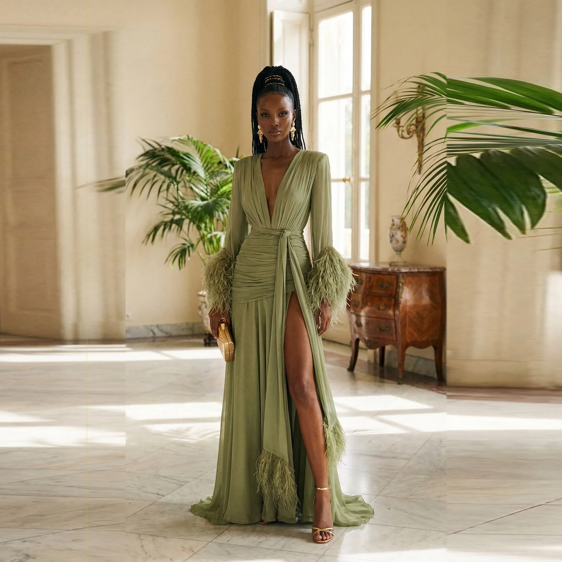 Robe de soirée en mousseline vert sauge avec poignets à plumes - Col en V profond, taille froncée, f