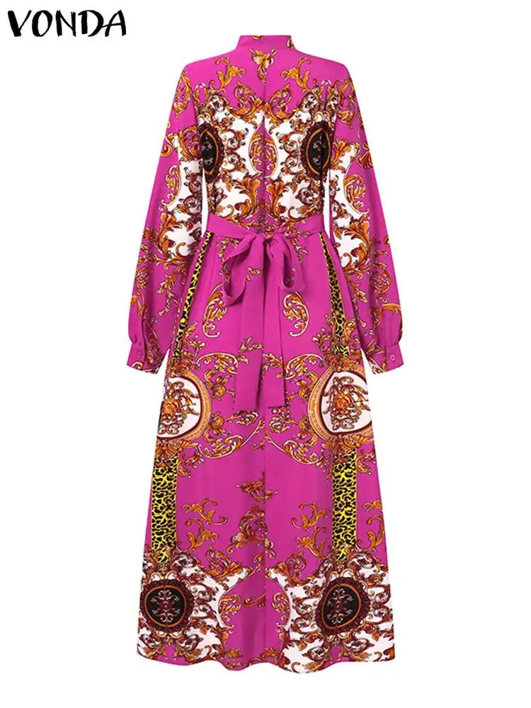 VONDA Robe Maxi 2024 été femmes bohème imprimé fête Robe d'été à manches longues col montant Robe dé
