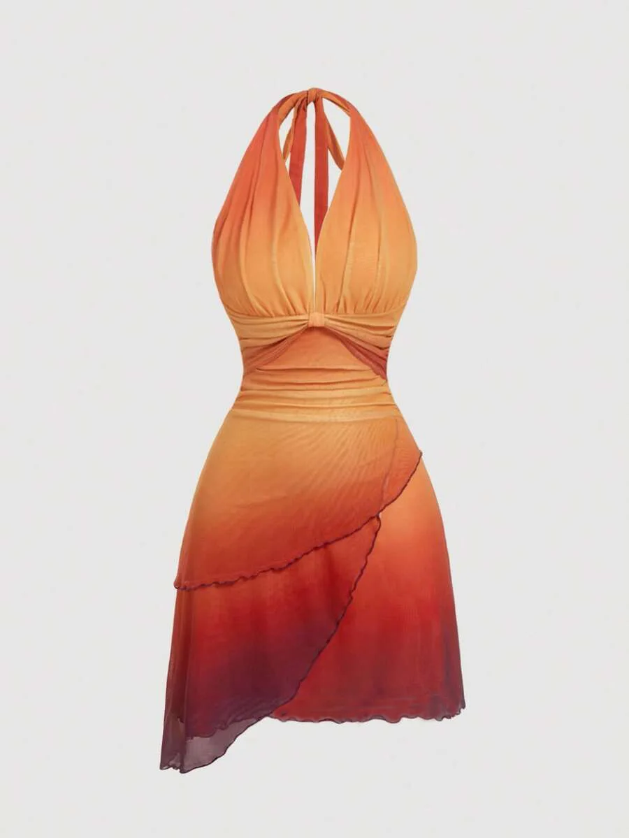 Robe asymétrique à bretelles spaghetti, dos nu, avec nœud papillon dégradé
