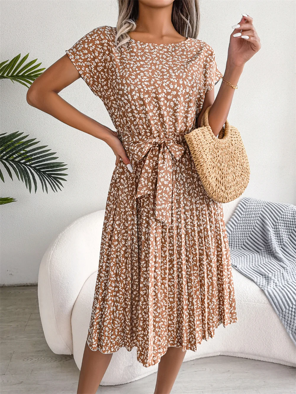 Robe longue plissée à fleurs pour femmes, manches courtes, taille haute, mode chic, printemps, été