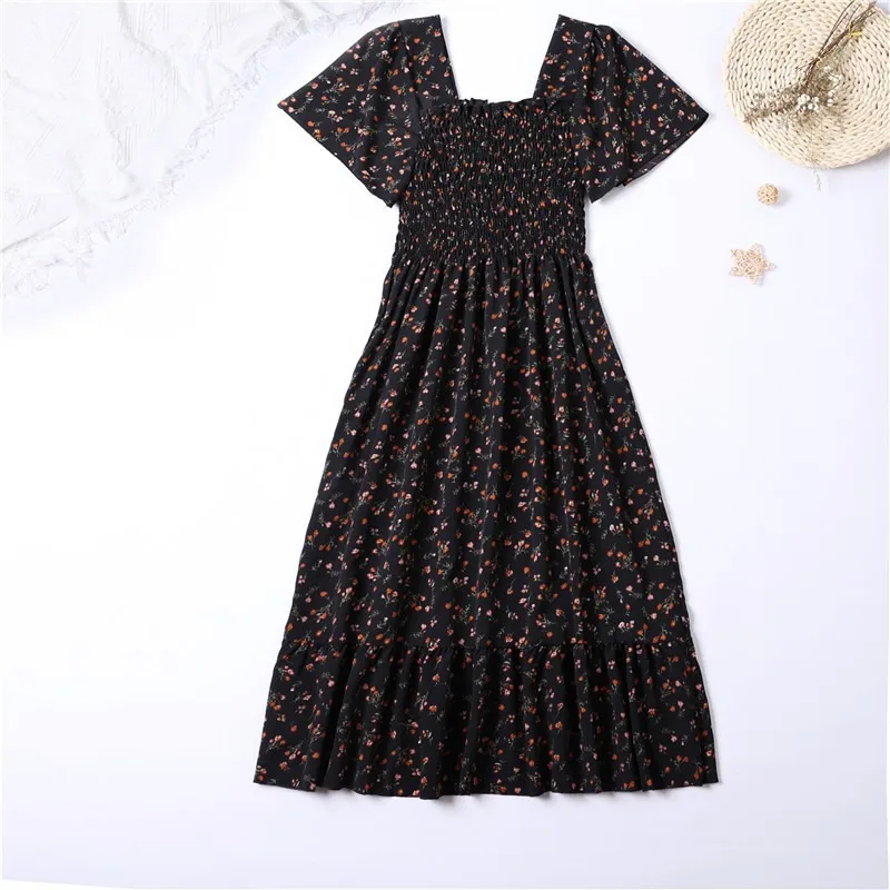 Printemps été robe en mousseline de soie femmes robes mi-longues femme à manches courtes taille élas