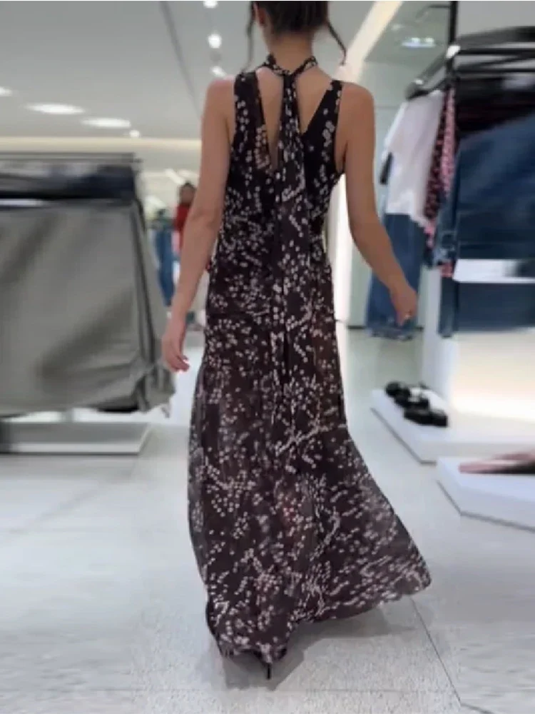 Robe longue maxi tendance pour femme à pois en maille, col en V profond chic, sans manches, transpar