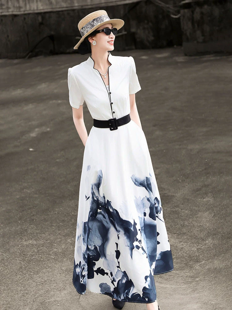 MEXCOCO 2026 Nouvelle collection été – Robe évasée élégante à manches courtes imprimé peinture à l'e