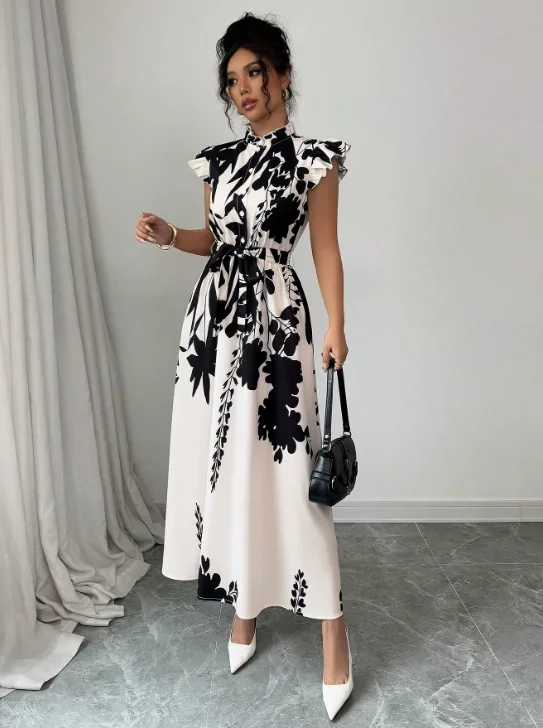 Robe élégante noire et blanche pour femme, idéale pour le travail, les rendez-vous et les vacances