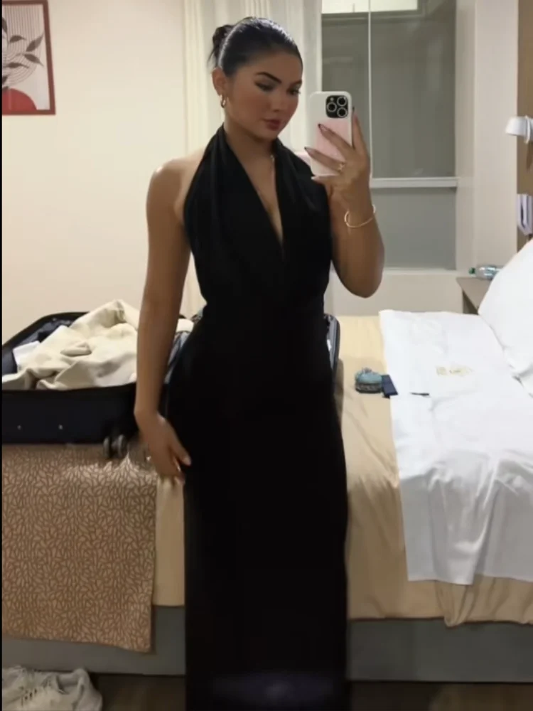 Robe Sexy à Col Halter Plongeant et Drapé, Dos Nu, Sans Manches, Coupe Ajustée, Robe de Soirée Pliss