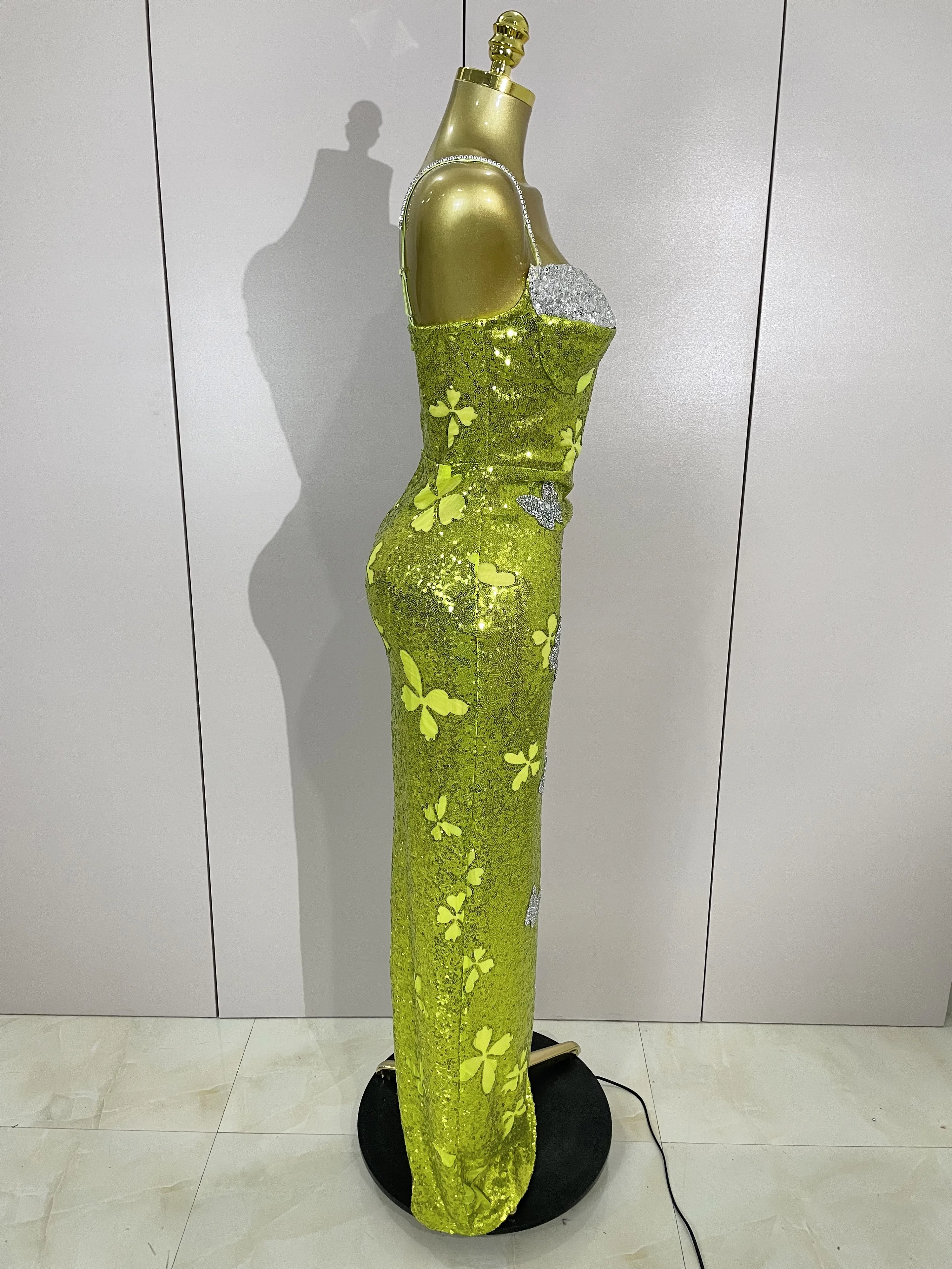 Élégant brillant papillon cristal Sexy licou vert moulante longue robe femmes célébrer soirée fête d