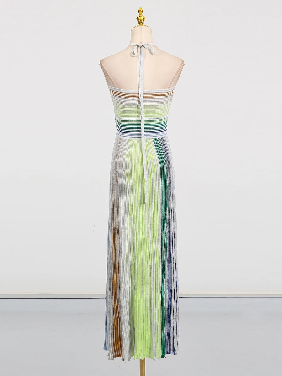 Robe longue de fête VGH à rayures colorées pour femme, dos nu, taille haute, sans manches, coupe aju