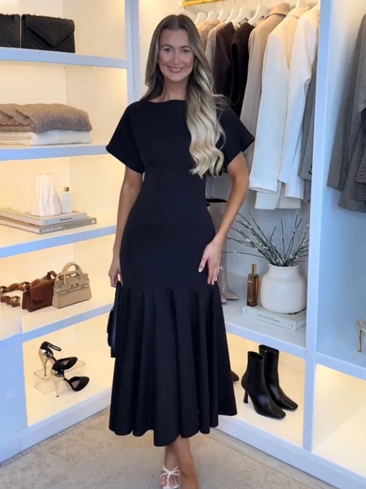 HH 2026 Robe midi plissée unie pour femme, mode été, avec fermeture éclair latérale, manches courtes