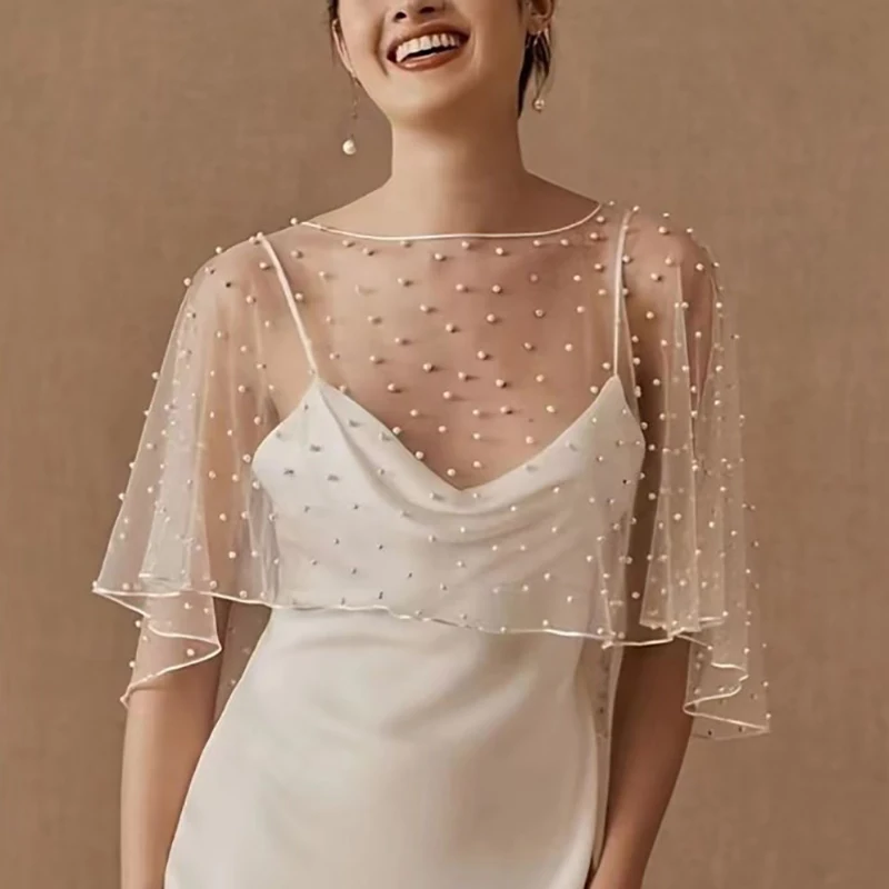 Châle de mariage en tulle orné de perles, voile de mariée transparent, court devant et long derrière
