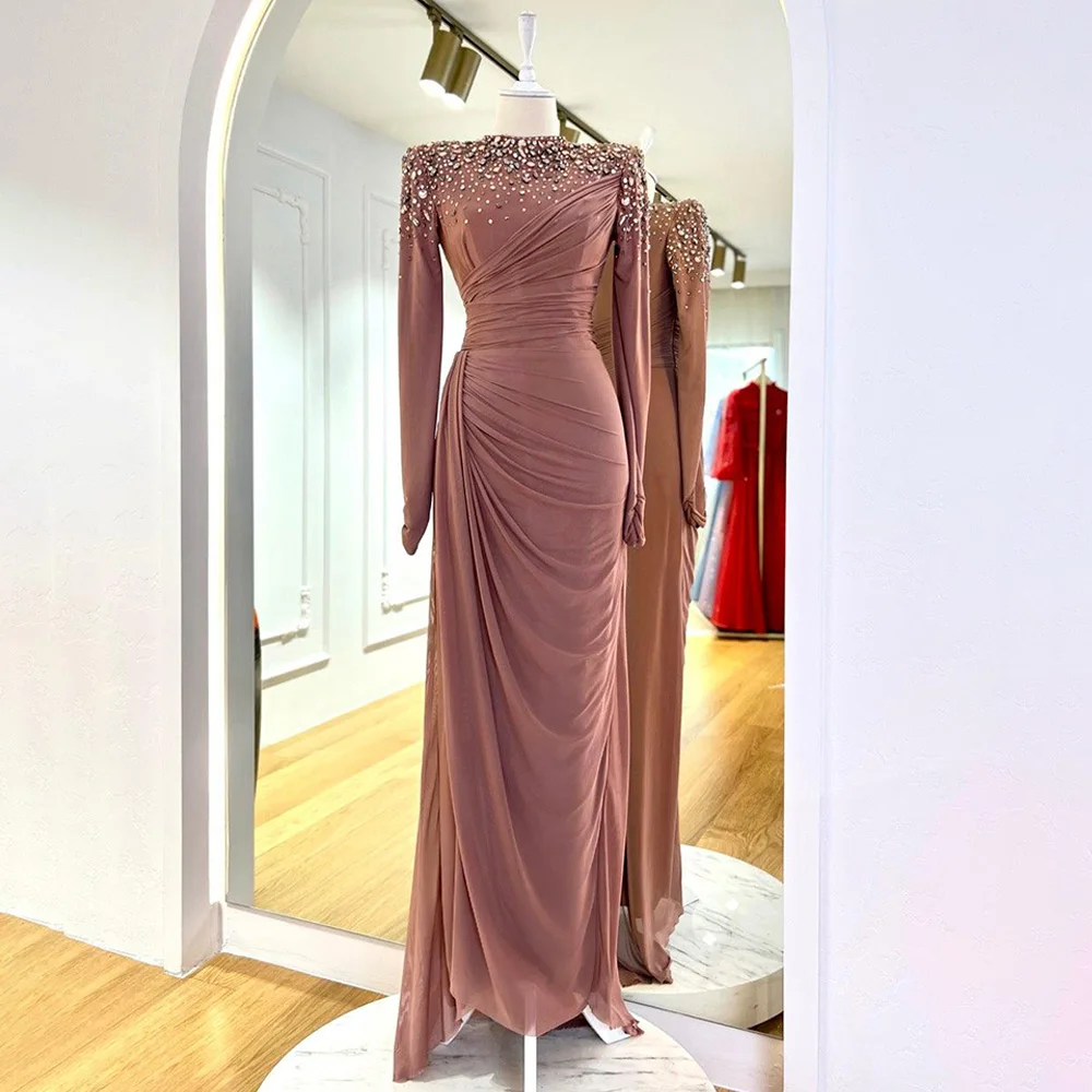 Robe de soirée de luxe en cristal pour femmes, manches longues, rose, robes d'invitées de mariage, s