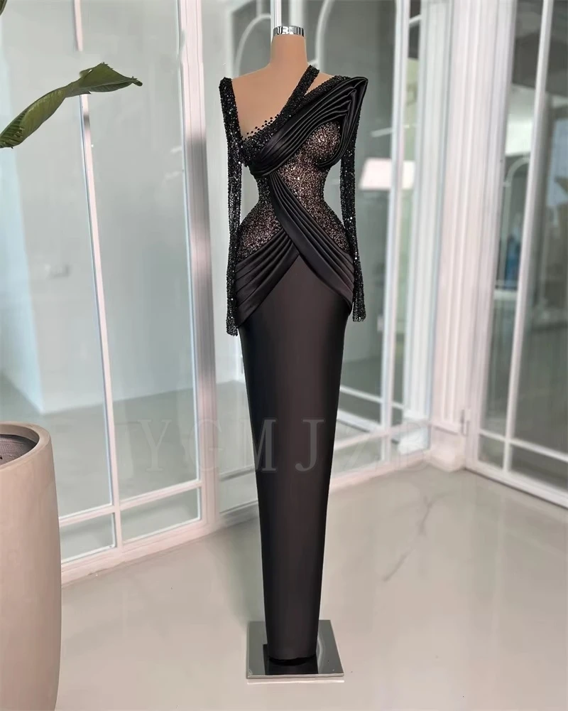 Robes de soirée noires de dubaï, élégantes, manches longues, plis de perles, robes formelles de bal 