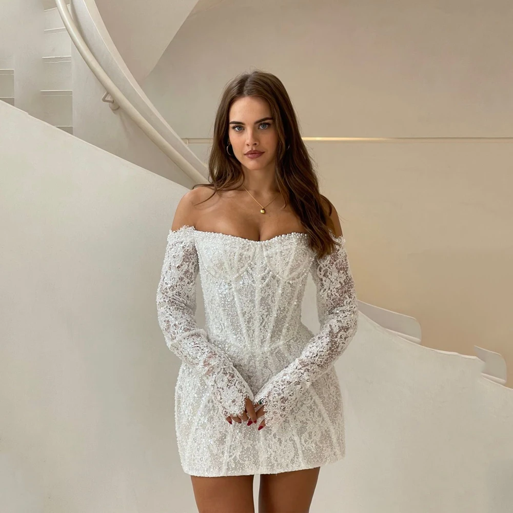 Robes de mariée courtes en dentelle pour la mariée, à manches longues détachables, coupe droite, orn