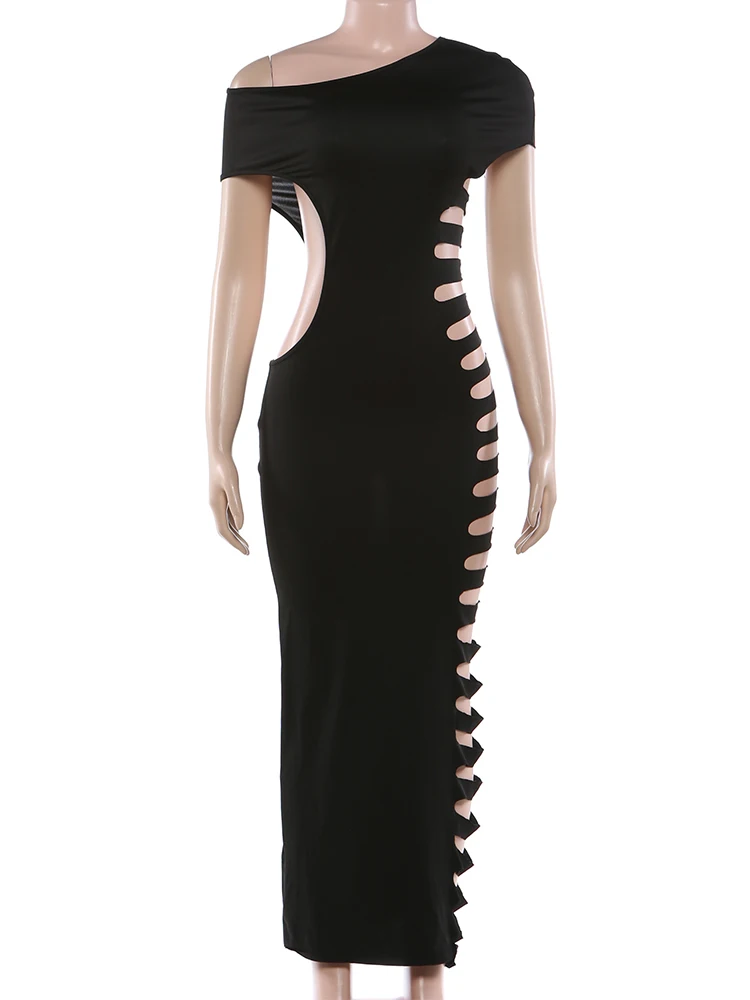Robe longue sexy Kliou à découpes, col asymétrique, épaules dénudées, taille haute, moulante, pour s