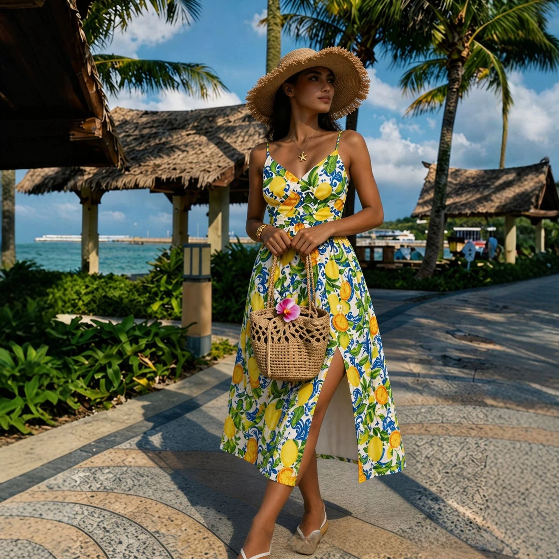 Robe imprimée de vacances, col en V, sexy, à bretelles, taille cintrée, jupe longue, tenue de plage,