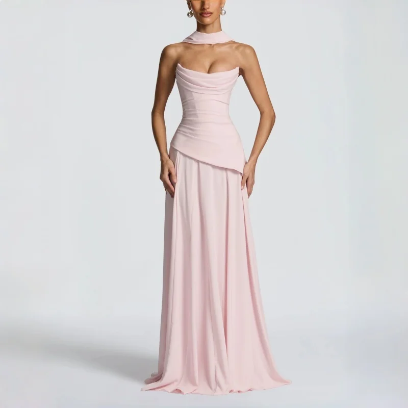Robe de soirée rose poudré pour femme, col bénitier, dos froncé, à lacets, sans manches, élégante, p