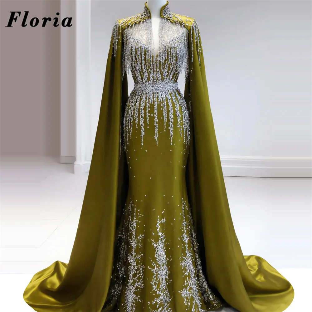 Robes de cocktail sirène vertes à perles, robe de soirée personnalisée à manches longues pour femmes