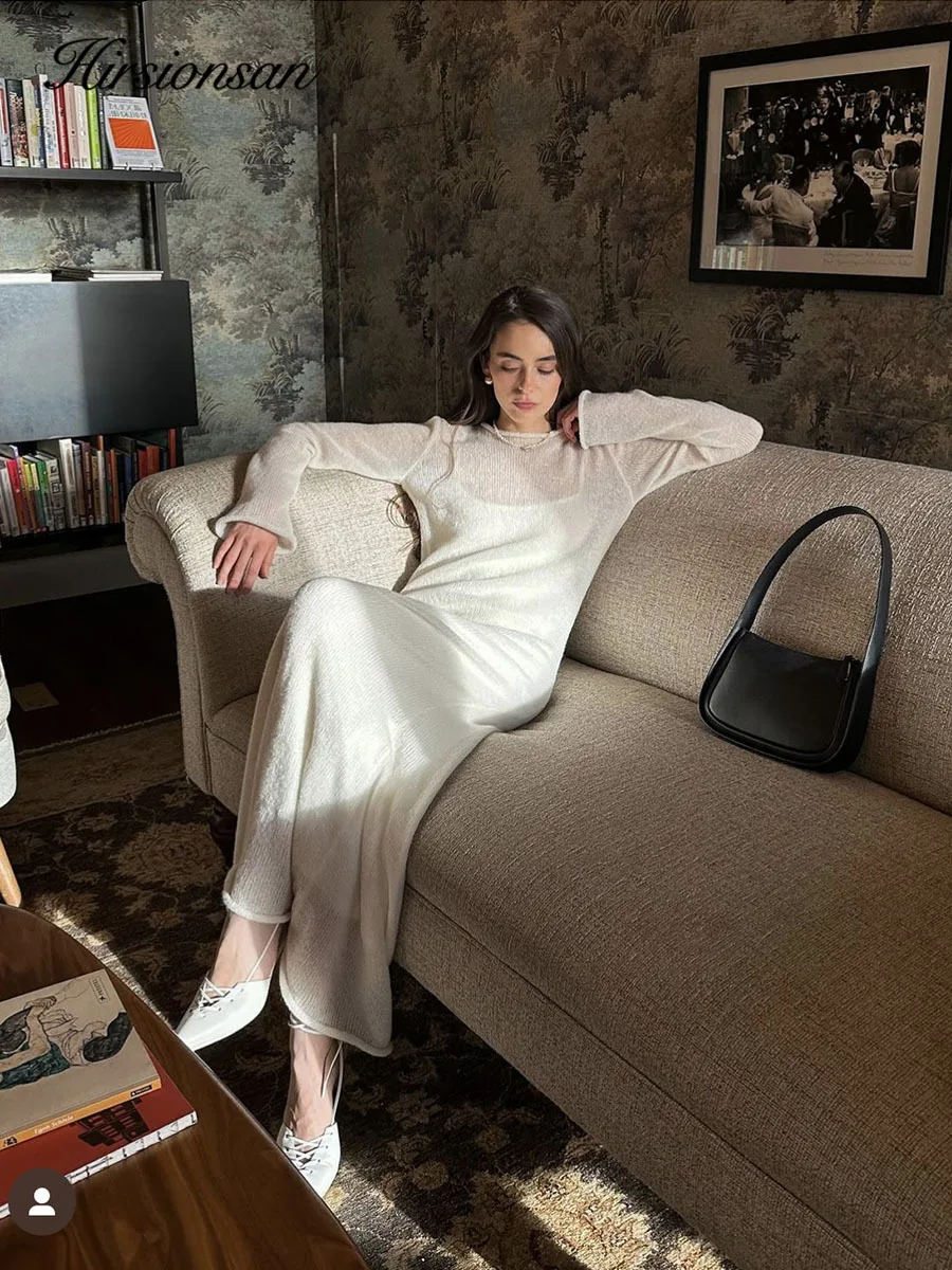 Hirsionsan – robe longue en tricot élastique pour Femme, col rond, élégante, Chic, douce, ajourée, p