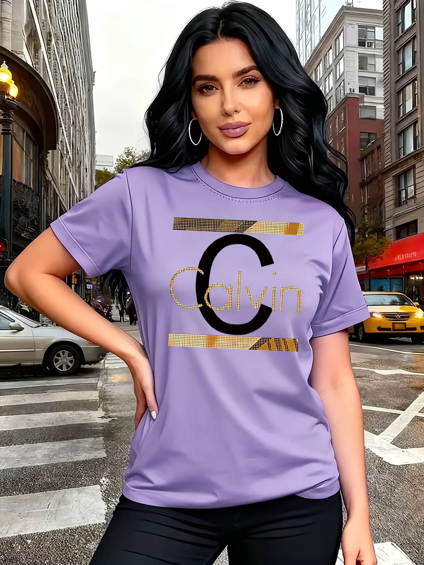 T-shirt pour femme Calvin Letter Print - Haut décontracté vert avec motif doré