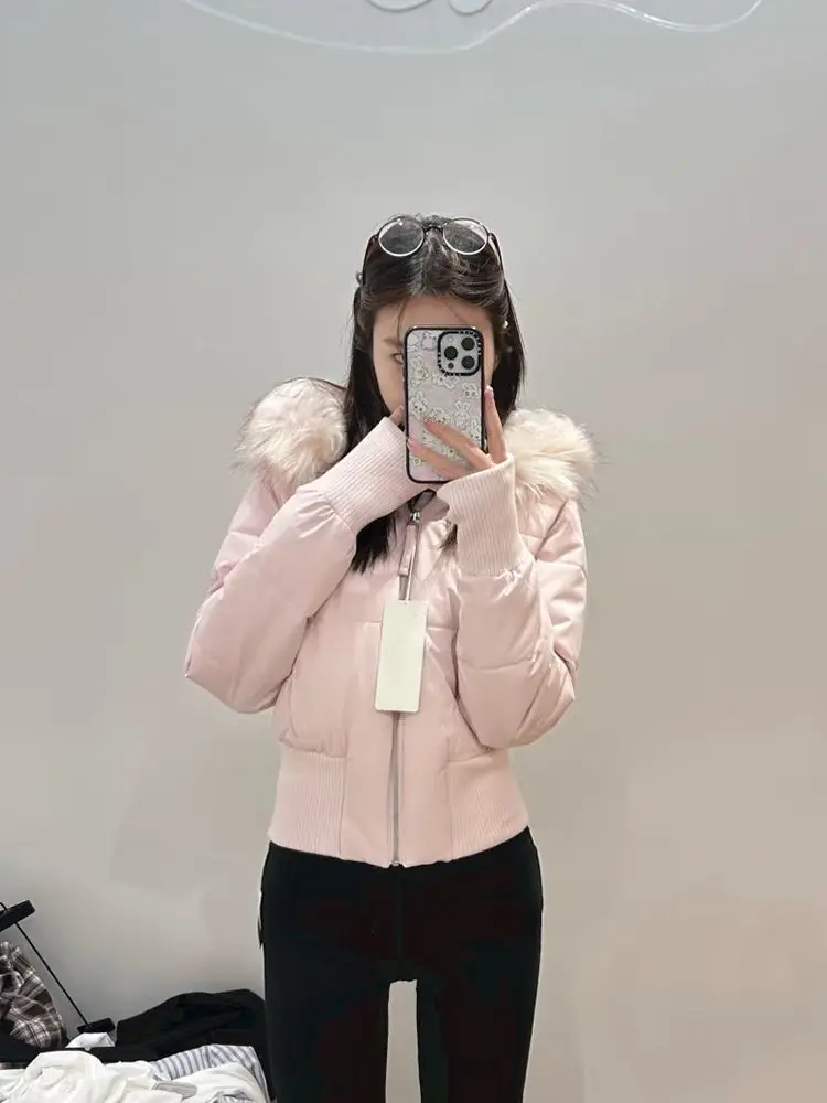 Manteau en coton à capuche avec col en fourrure rose pour femme, vent doux, nouveau style coréen, ép