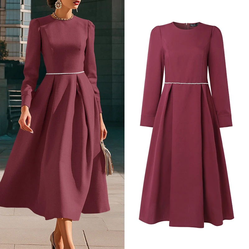 ZANZEA Robes midi élégantes pour femmes, col rond, manches longues, coupe trapèze, avec détails en p